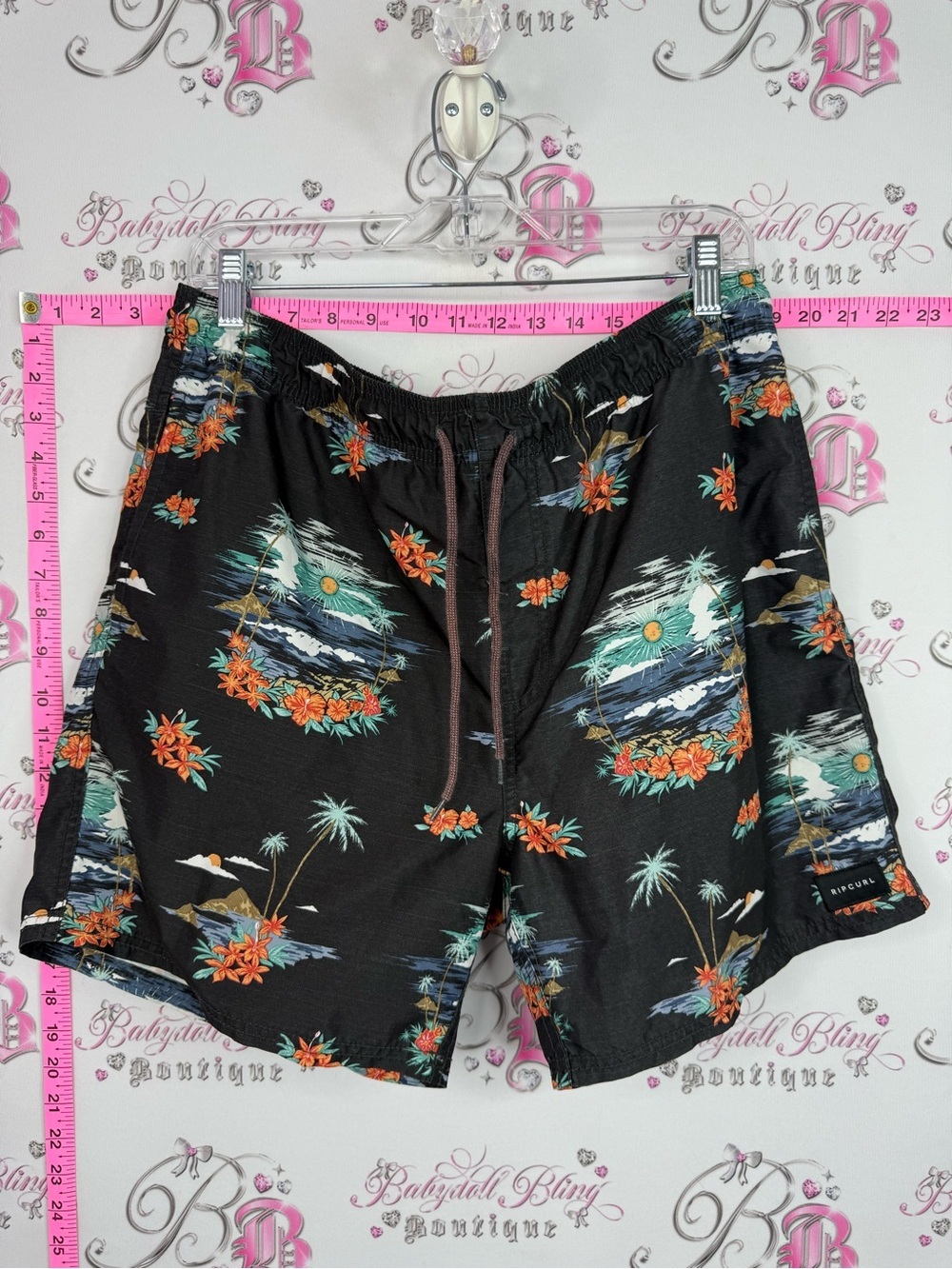Rip Curl Black Swim Trunks with Orange Floral and Teal Scenic Print tiki Hawaii